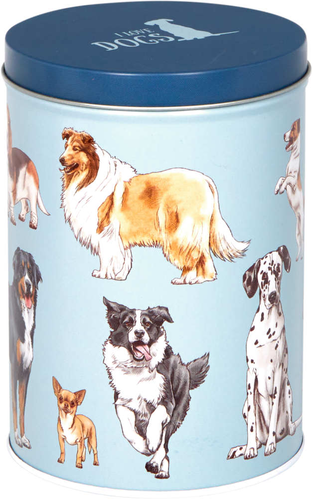 Hellblaue Vorratsdose mit Abbildungen von Hunderassen und einem blauen Deckel mit einer Hundesilhouette und dem Wort „DOGS“.