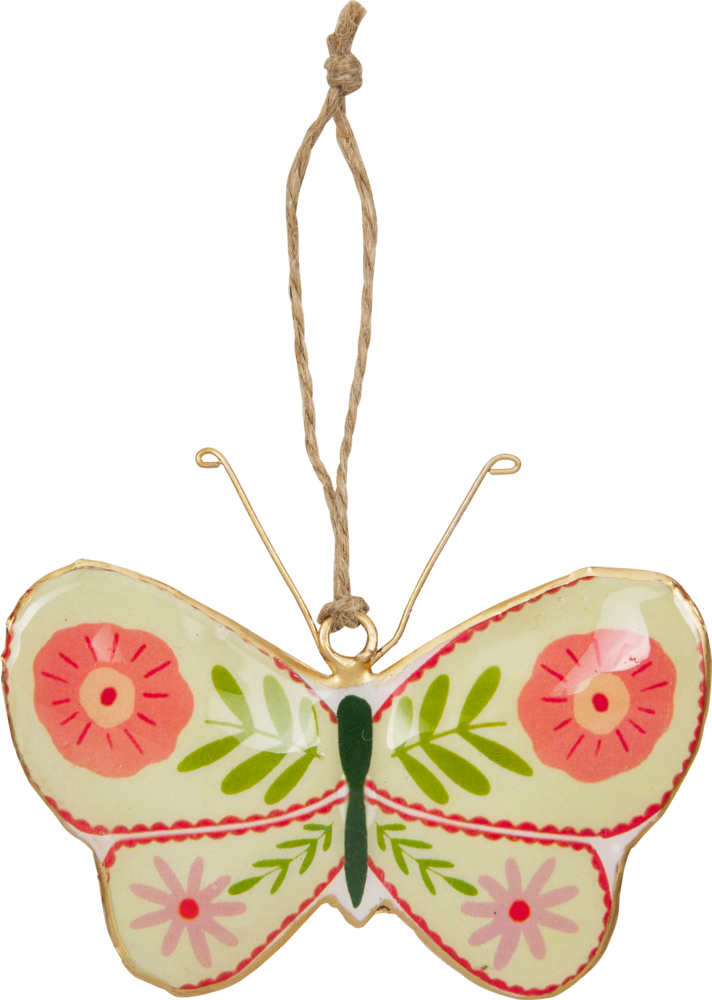 Bunter Schmetterling mit Blumenmustern, daran befestigte Kordelschleife zum Aufhängen.