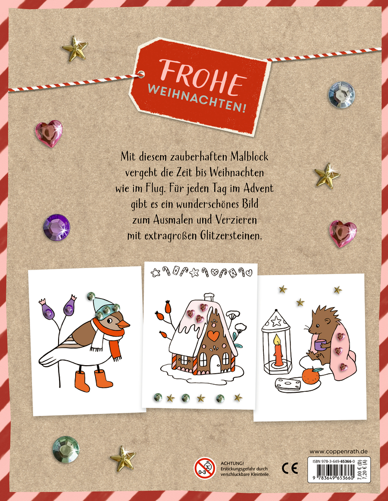 Malbuchrückseite mit „Frohe Weihnachten“, darunter drei Ausmalbilder mit Glitzersteinen: Vogel, Lebkuchenhaus und Igel mit Laterne.