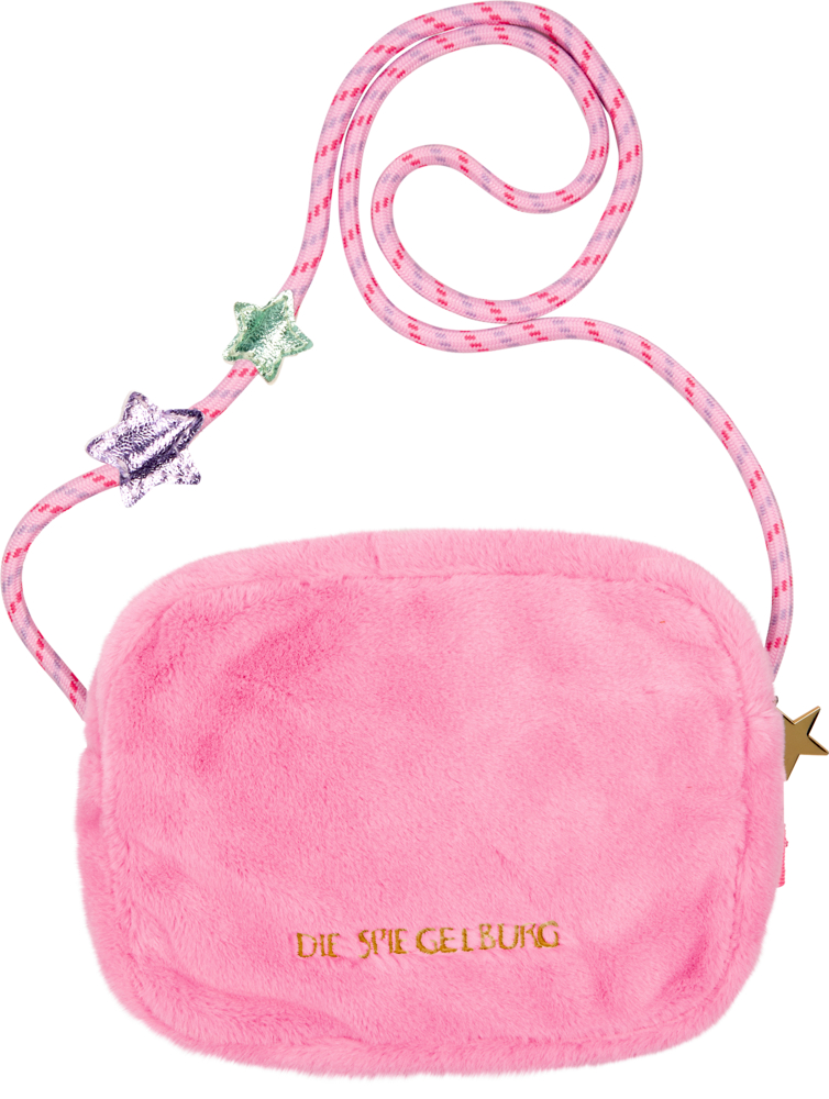 Rosa flauschige Tasche mit Goldstern-Reißverschluss und rosa Gurt, verziert mit glitzernden Sternen.