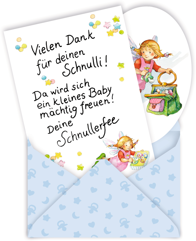 Briefumschlag mit herausschauendem Brief von der Schnullerfee an ein Kind, das seinen Schnuller abgegeben hat.