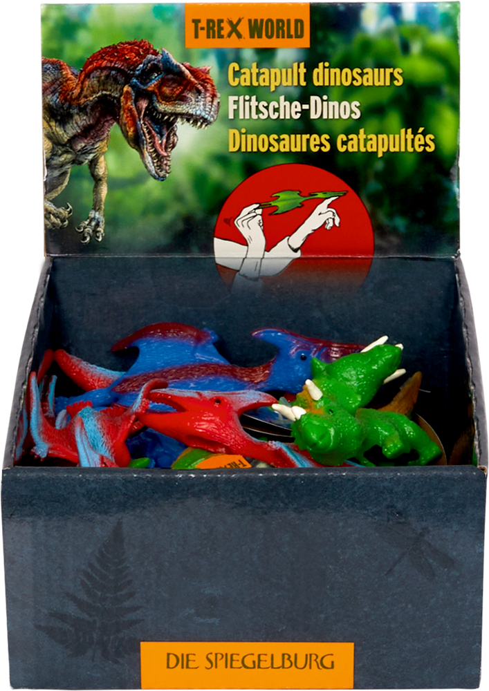 Schachtel mit bunten „Catapult Dinosaurs“-Spielzeugen mit einem T-Rex-Bild; Anleitung auf der Rückseite aufgedruckt.