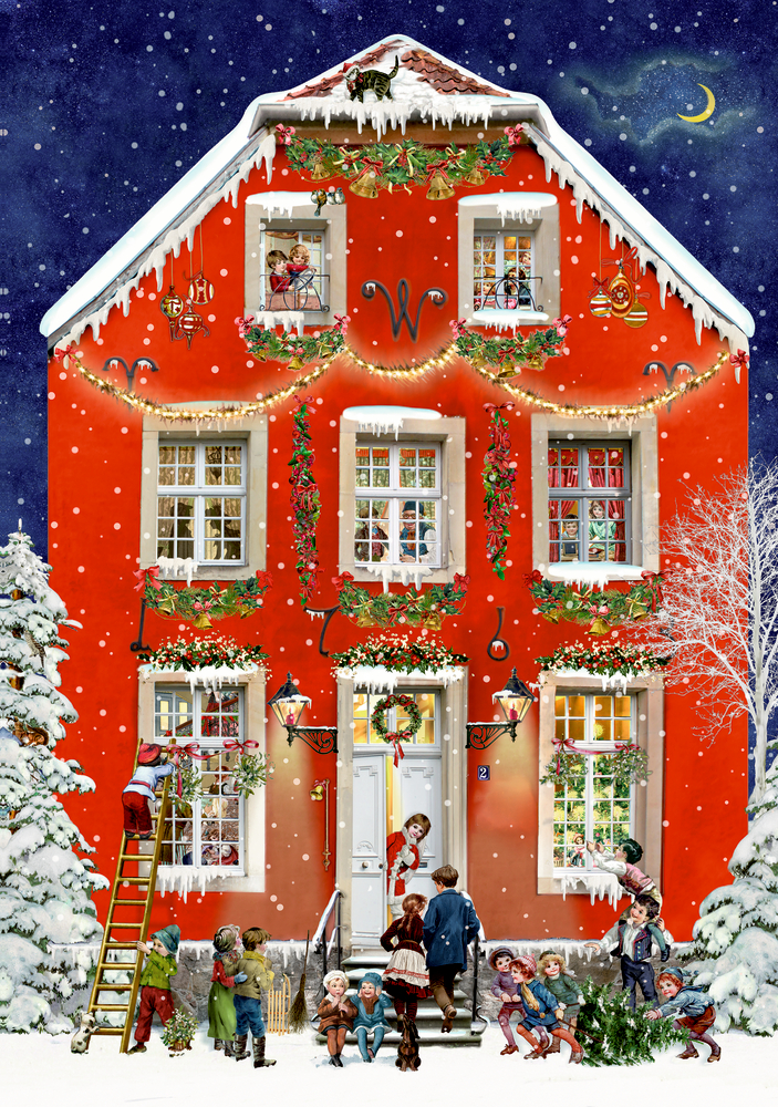 Leuchtend rotes Haus mit Weihnachtsdekoration, Kinder dekorieren Fenster unter einem sternenklaren Nachthimmel.