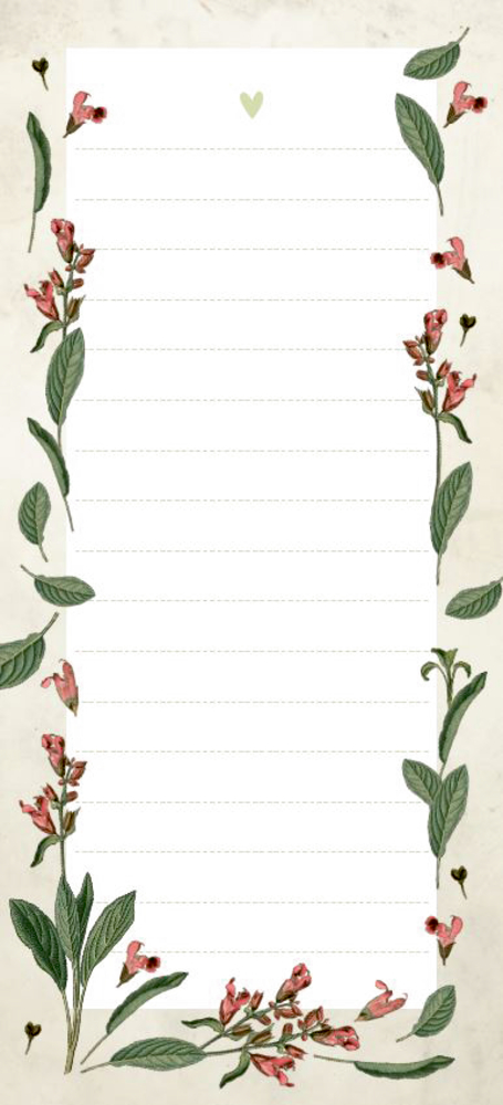 Vertikaler Notizblock mit linierter Mitte, Blumenrand und einem kleinen grünen Herz oben.
