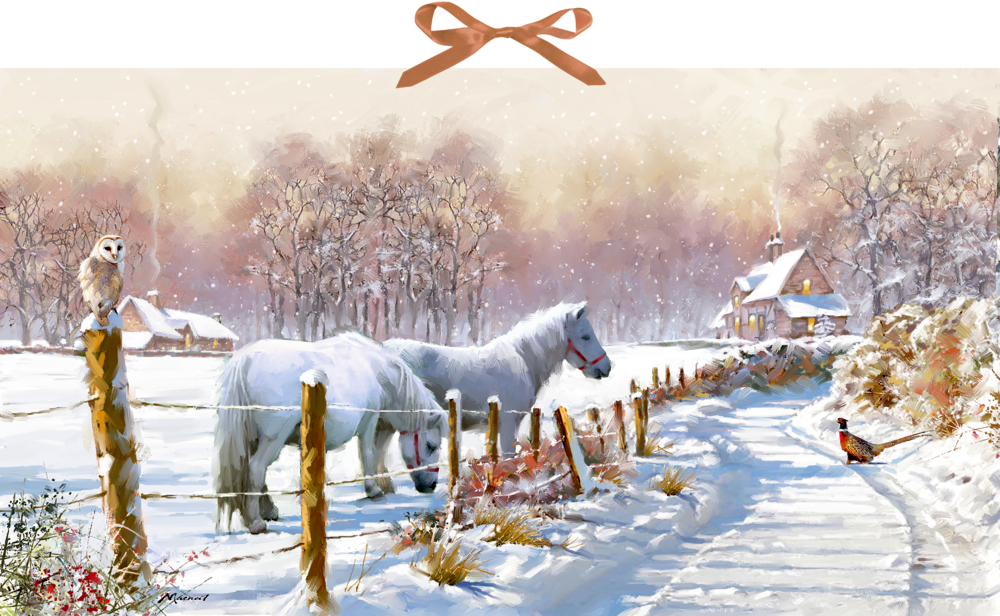 Winterponys, Wand-Adventskalender Zwei weiße Pferde, eine Eule und ein Fasan vor verschneiter Hütte und Bäumen in winterlicher Landschaft.
