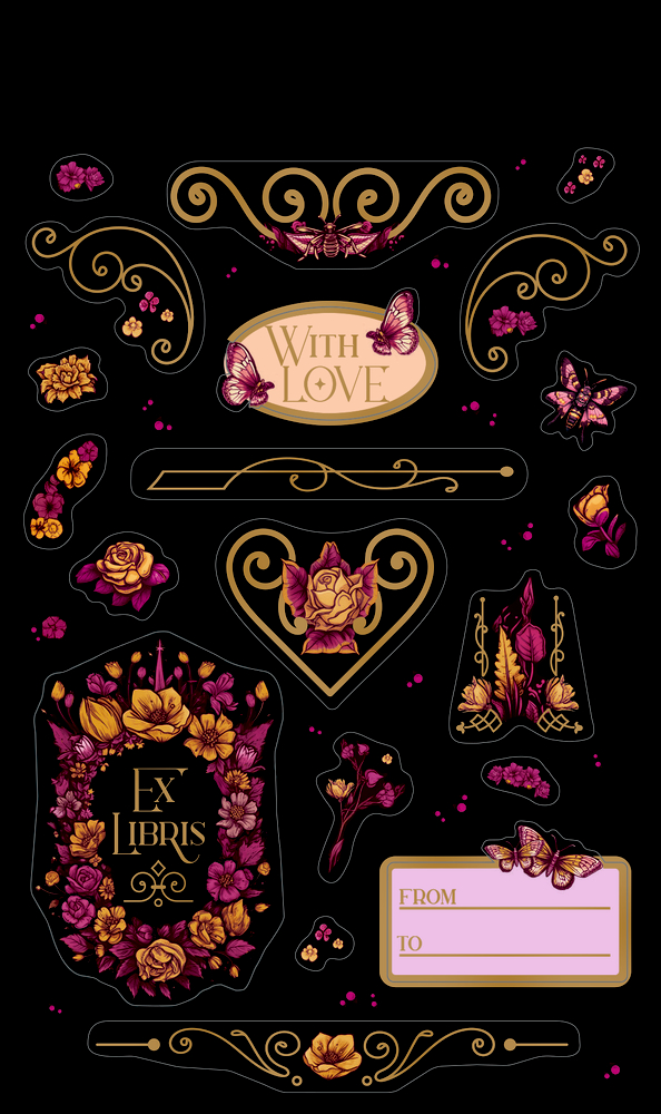 Aufkleberbogen mit goldenen und magentafarbenen Blumen, Herzen, Schmetterlingen, Exlibris und dem Text „With Love“.