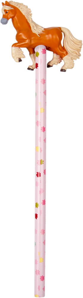 Rosa Bleistift mit bunten Blumen, gekrönt von einer braunen Pferdefigur.