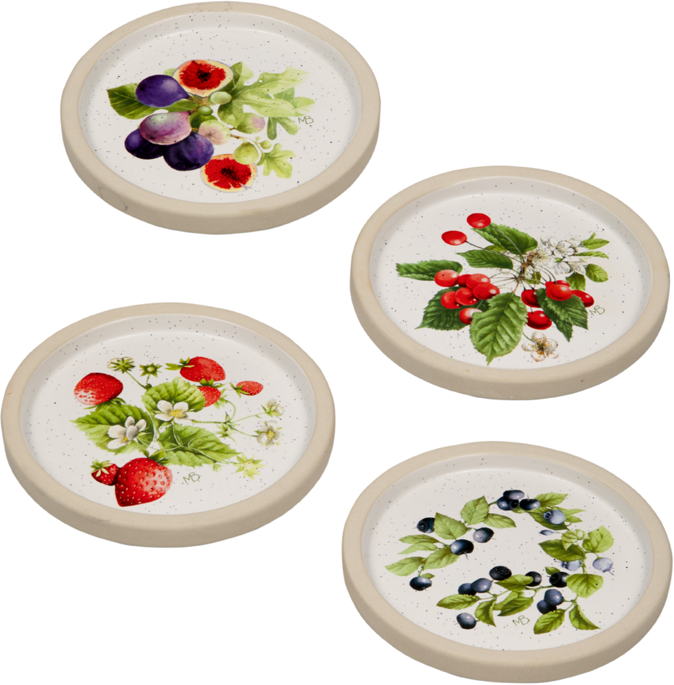 Vier runde Keramikuntersetzer mit illustrierten Früchten und Blättern.