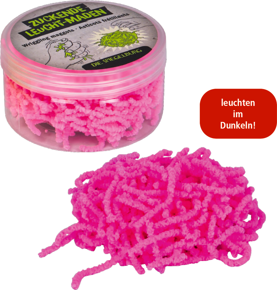 Runde Dose mit pinkfarbenen Kunststoffmaden und daneben ein Haufen derselben Maden, Hinweistext „leuchten im Dunkeln“.