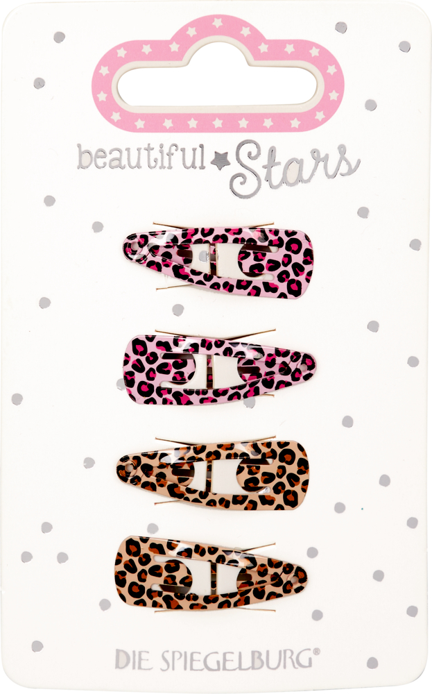 Haarclips Leo - beautiful Stars Vier Leoparden-Haarspangen, je zwei rosa und braun, auf gepunkteter Karte mit „beautiful Stars“.
