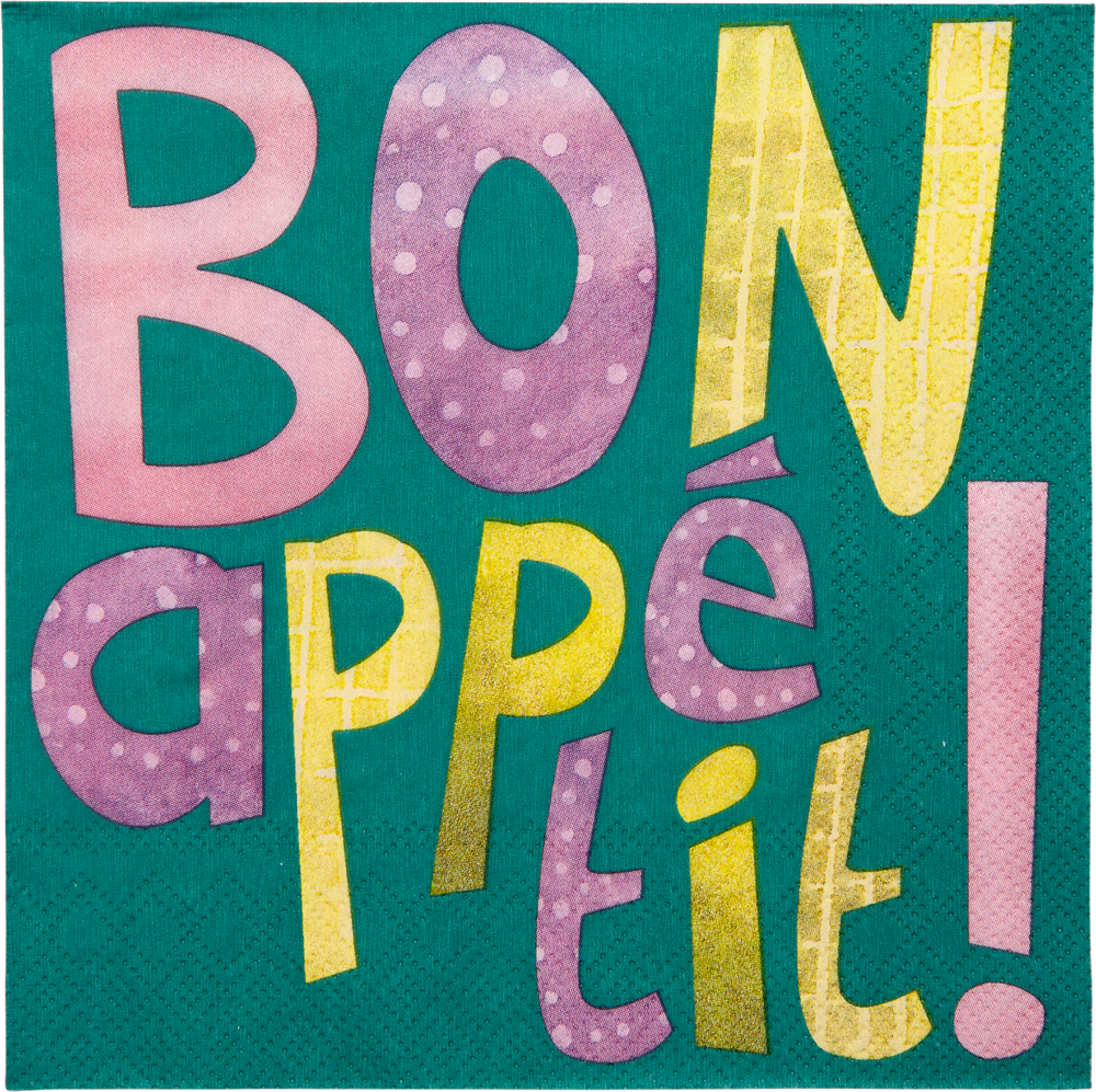 Bunter Text auf grünem Hintergrund zeigt Bon appétit! in verspielten, fetten Buchstaben.