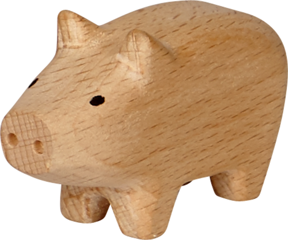 braunes Mini-Holzschweinchen Viel Glück Eine kleine, leichte Schweinefigur aus Holz mit einfacher Schnitzerei und zwei schwarzen Punkten als Augen.