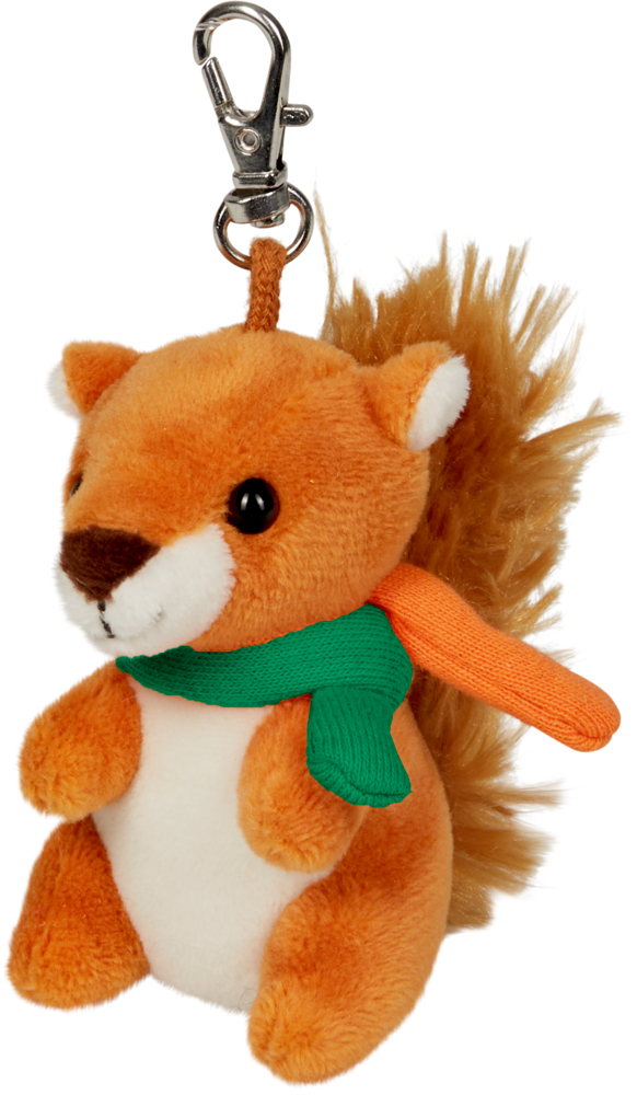 Plüschiger Eichhörnchen-Schlüsselanhänger mit flauschigem Schwanz und grün-orangefarbenem Schal und Karabiner.