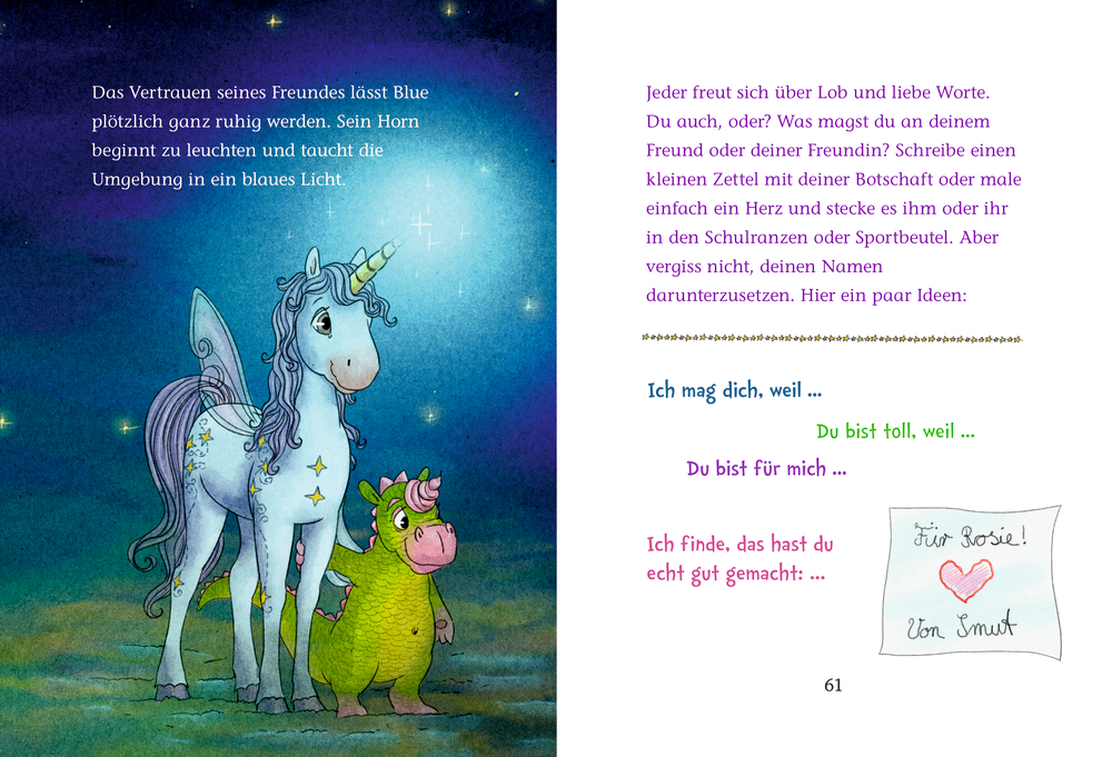 Ein Einhorn und ein grüner Drache stehen nachts zusammen, getaucht in leuchtend blaues Licht unter einem Sternenhimmel.