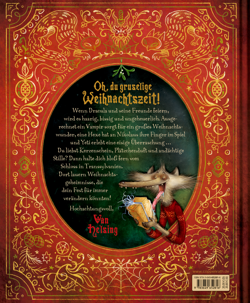 Buchrückseite: Illustration eines Wolfes in roter Kleidung, der ein Geschenk hält, umgeben von rotem, goldverziertem Buchcover mit Text.