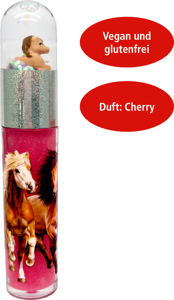 Lipgloss mit Pferdemotiv und Spielzeugfigur-Verschluss, vegan und glutenfrei gekennzeichnet, Duft: Kirsche.