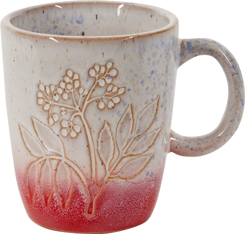 Porzellan-Tasse "Blume" rot - LandLust Creme-weiße Keramiktasse mit dezentem Blumenmuster und rotem Farbverlauf am Boden.