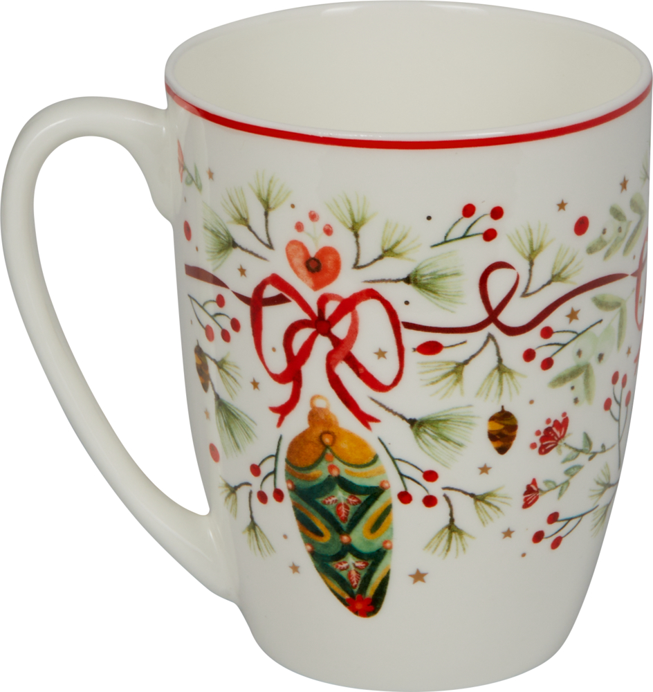 Weiße Tasse mit Weihnachtsschmuck, roten Bändern, Tannennadeln und Beeren in einem festlichen Feiertagsdesign.