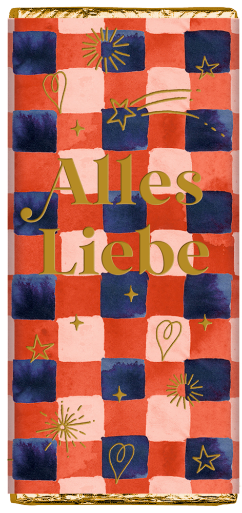 Schokoladentafel mit der Aufschrift „Alles Liebe“ auf einer rot-blau karierten Verpackung, verziert mit goldenen Sternen.