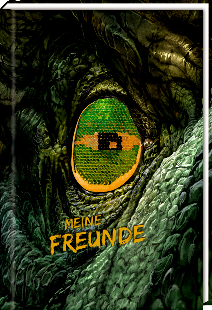 Cover: Das grüne Auge eines Reptils, darunter steht in Gelb „MEINE FREUNDE“.