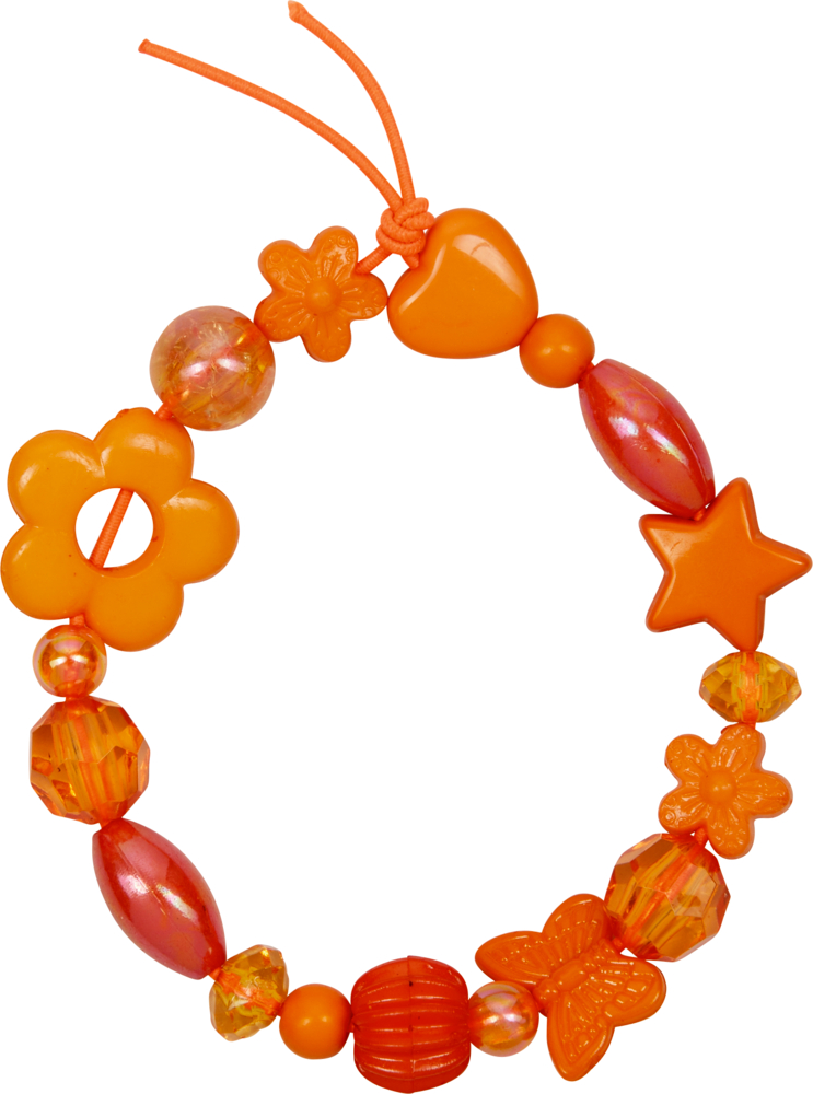 Leuchtend orangefarbenes Perlenarmband mit einem Formenmix: Blumen, Herz, Stern und Schmetterling.