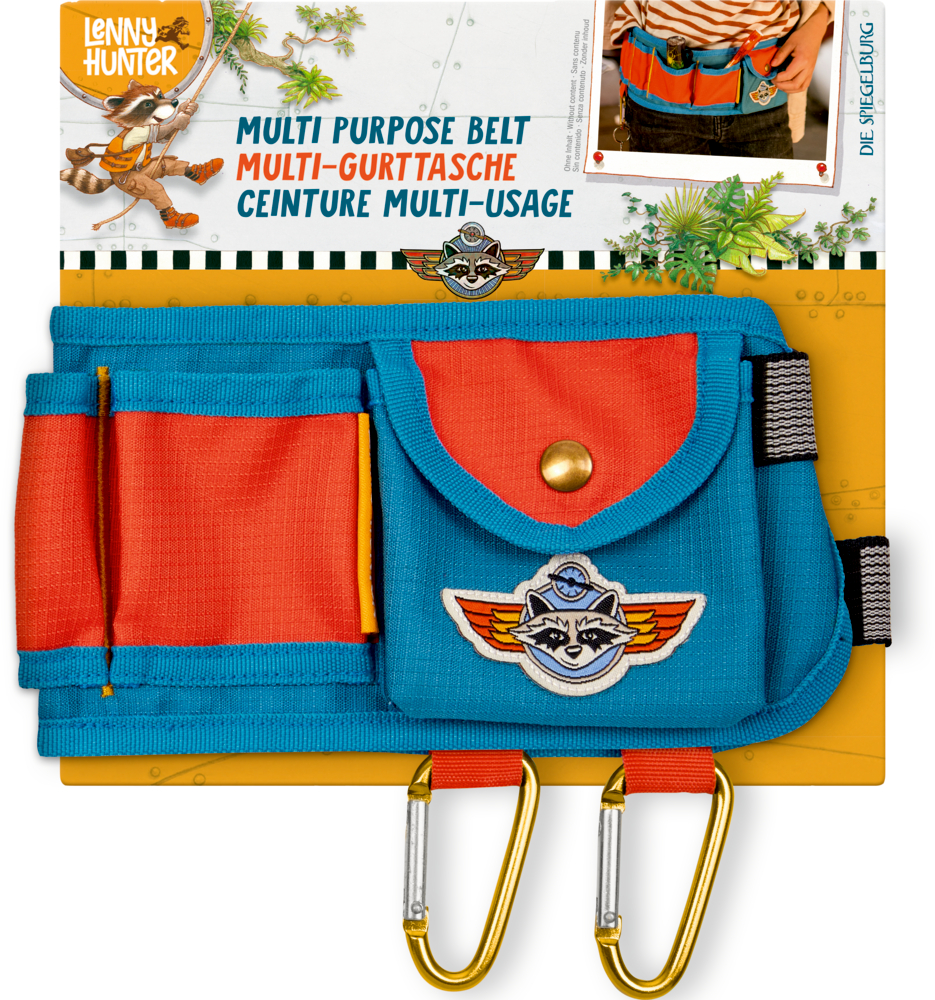 Bunter Kinder-Gürtel mit Taschen und Karabinerhaken auf einer bunten Pappkarte.