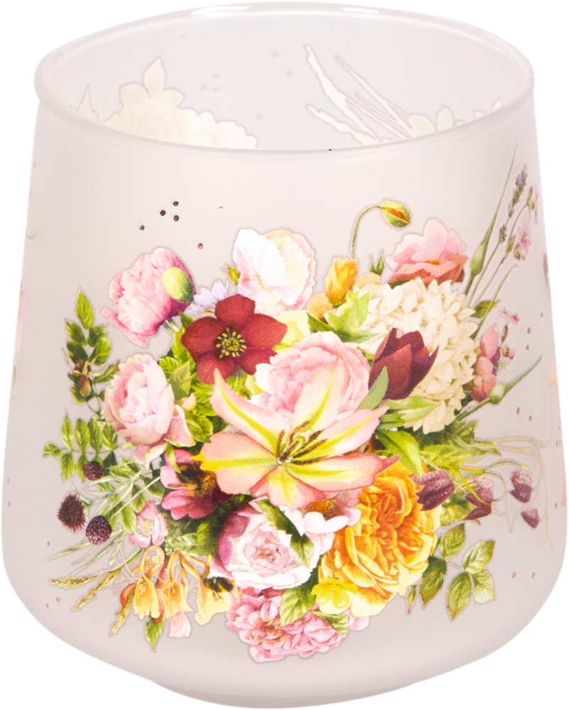 Weißes Kerzenglas aus Milchglas, geschmückt mit einem lebendigen Blumenbouquet, das verschiedene bunte Blumen präsentiert.