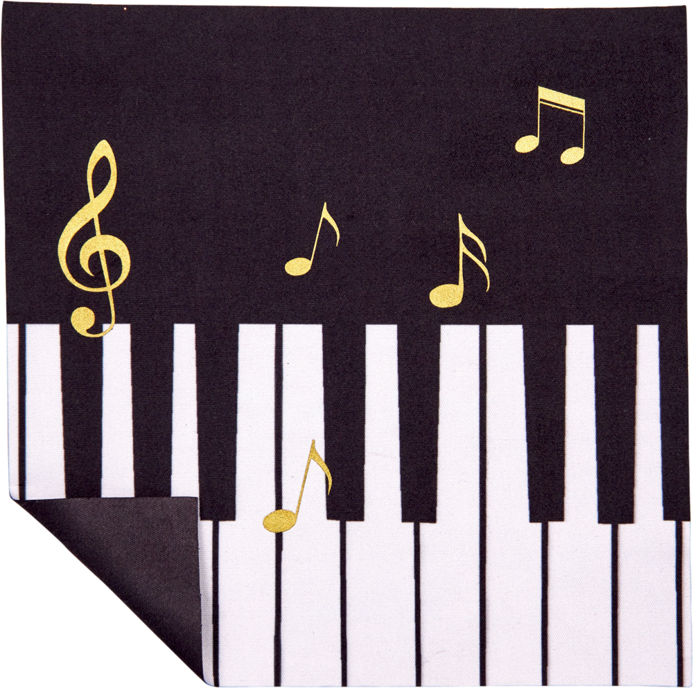Brillen-Putztuch mit Klaviertasten und goldenen Noten, eine Ecke ist umgeschlagen, die Unterseite ist sichtbar.