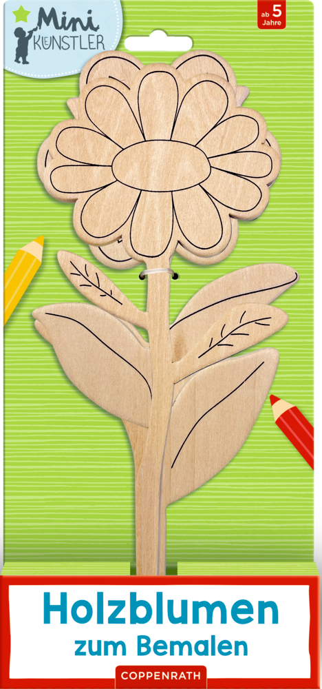 Holzblumen zum Bemalen (Mini-Künstler) Holzmalset mit Blumen für Kinder ab 5 Jahren, auf grünem Hintergrund.