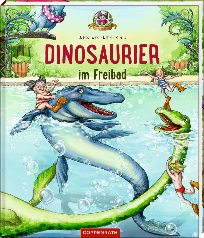 Dinosaurier im Freibad (Bd. 2) Kinder schwimmen mit freundlichen Dinosauriern in einer lebendigen Poolszene.