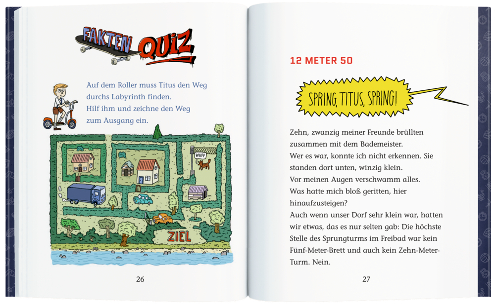 Aufgeschlagenes Buch, linke Seite mit Labyrinthspiel, rechte Seite mit Text und bunten Überschriften.