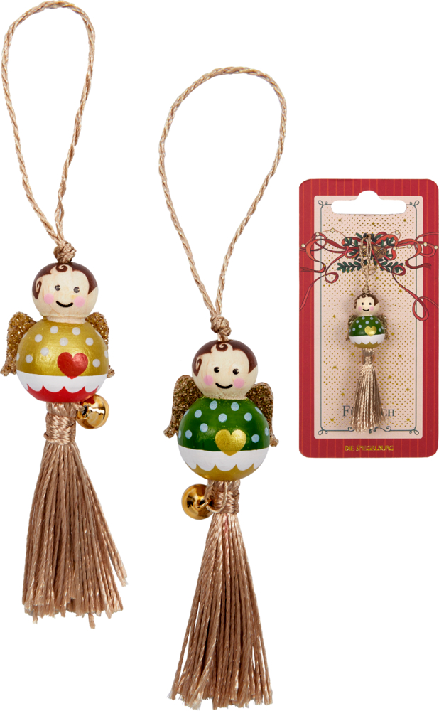 Zwei Anhänger in Engel-Form mit goldenen Flügeln, farbigen Kugelkörpern, Quaste, Glöckchen und Aufhängeschlaufe, einer in Verpackung.