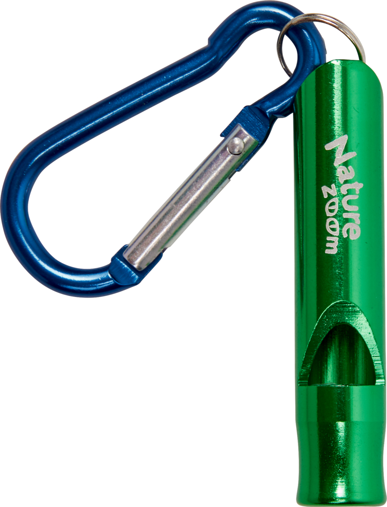 Grüne Nature Zoom-Metallpfeife mit blauem Karabiner.
