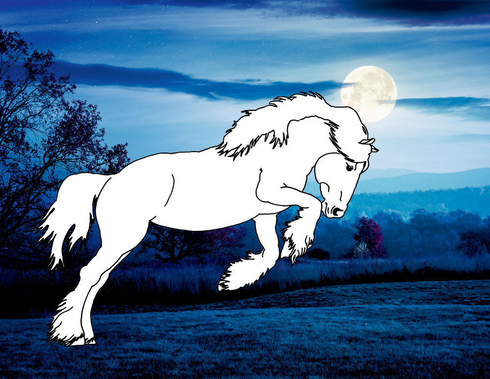 Ein Ausmalpferd springt über eine mondbeschienene Landschaft mit Bäumen und einem Vollmond im Hintergrund.
