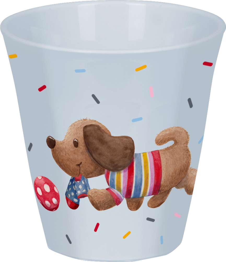 Becher Dackel - BabyGlück Hellblauer Becher mit verspielter Dackelillustration und buntem Konfetti.