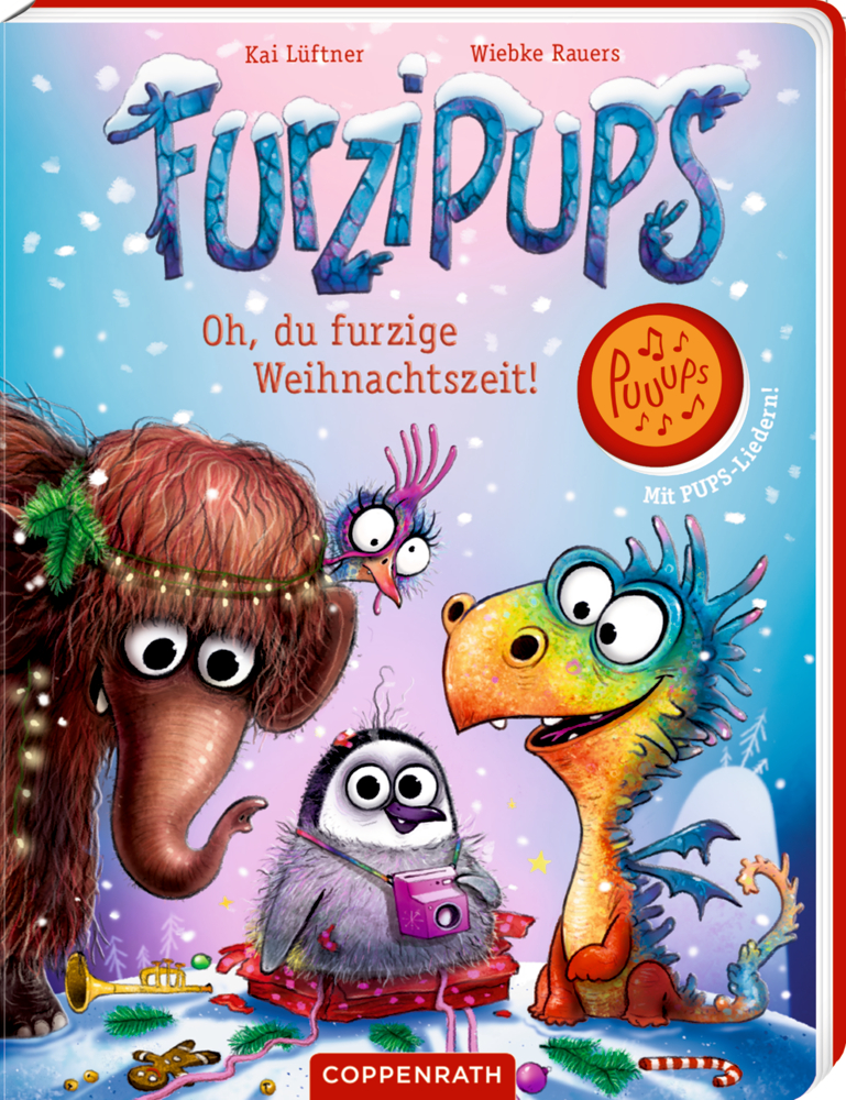 Bunt illustriertes Kinderbuchcover mit Mammut, Pinguin, buntem Drachen und Vogel in winterlicher Schneelandschaft.