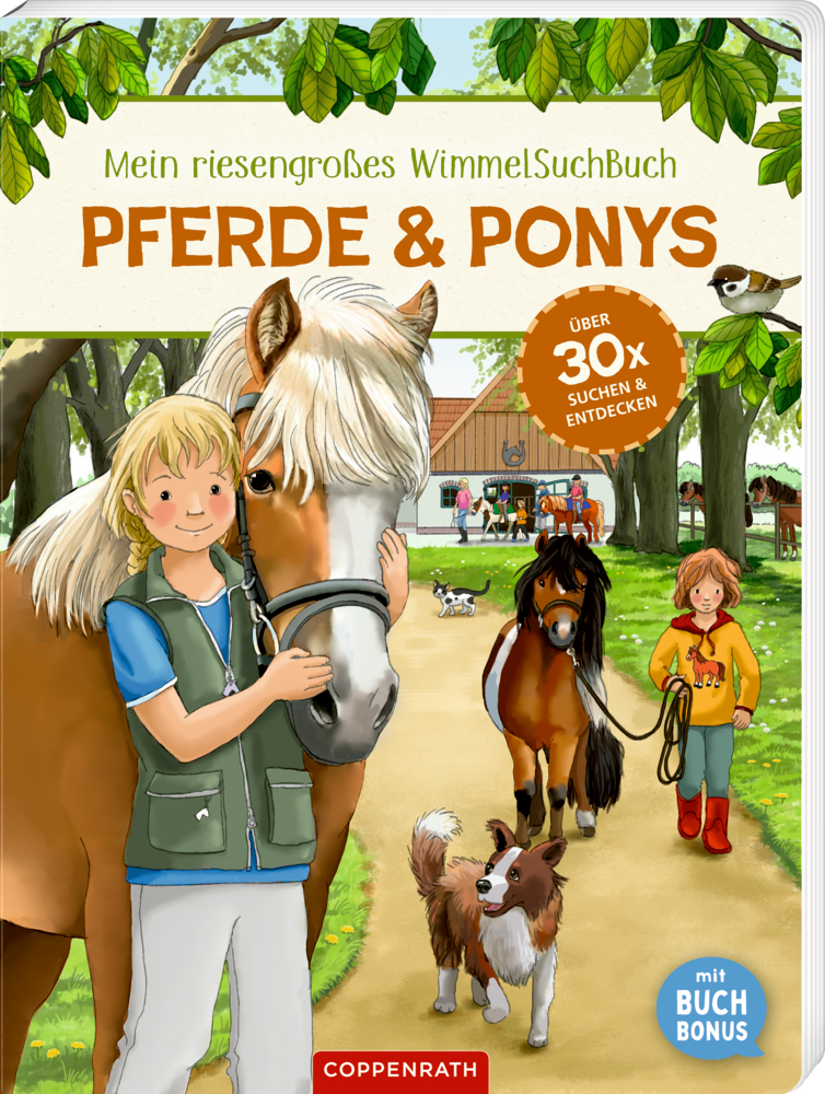 Mein riesengroßes WimmelSuchBuch: Pferde & Ponys (Buchbonus) Buchcover mit einem Kind, das ein Pferd umarmt und einem anderen, das dahinter ein Pony führt.