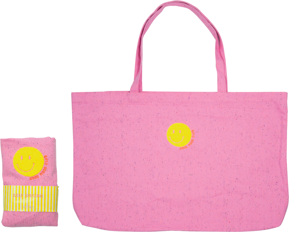 Pnkfarbene Tragetasche mit gelbem Smiley-Gesicht, vor weißem Hintergrund, daneben gefalteter Beutel.