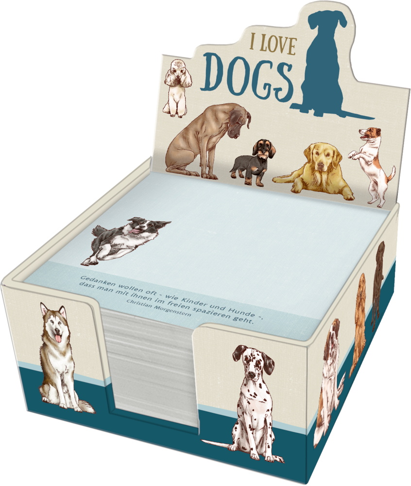 Zettelkästchen: I love dogs (cats & dogs) Notizblockhalter mit Hundemotiv, Hundeillustrationen und dem Text „I love dogs“.
