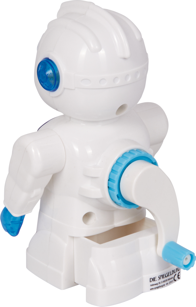 Weißer Spielzeugroboter aus Kunststoff mit blauen Akzenten und einer großen hinteren Kurbel, der von der Kamera weg blickt.