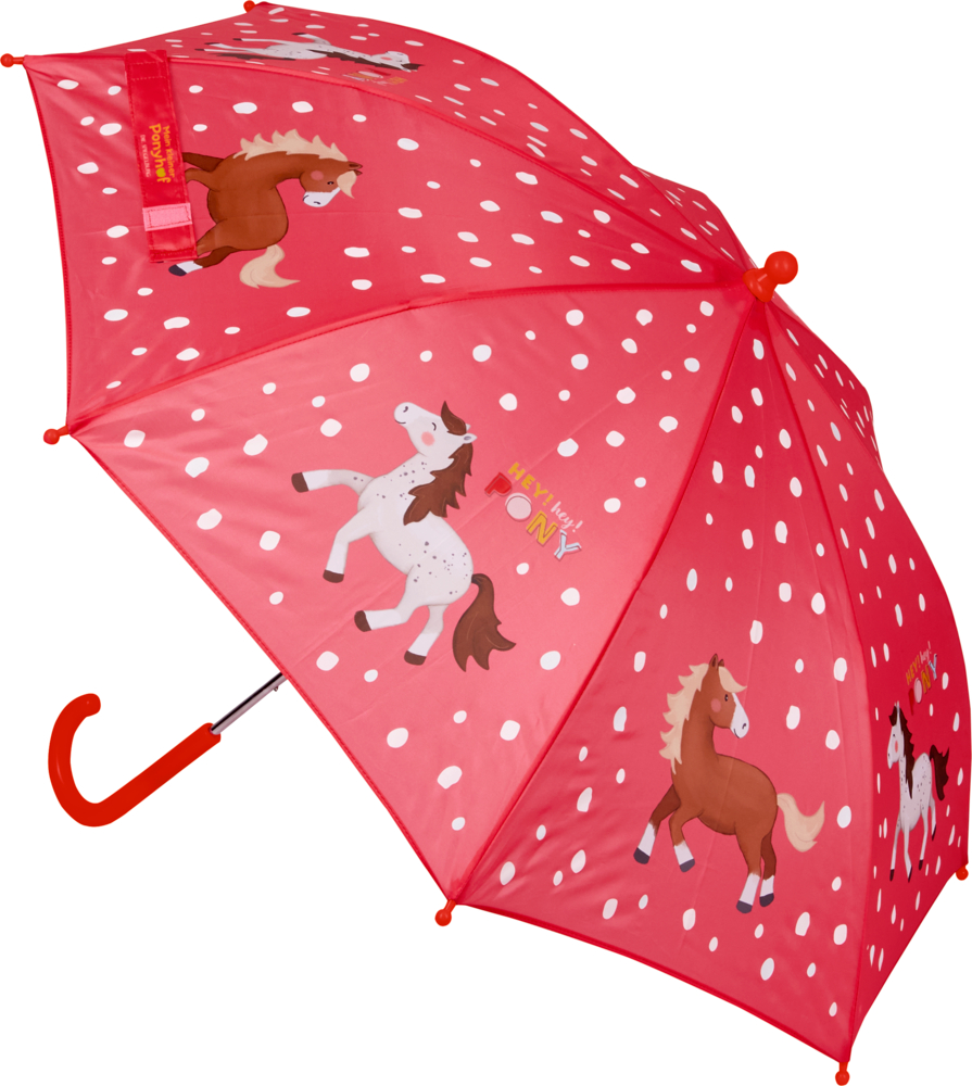Zauber-Regenschirm - Mein kleiner Ponyhof Roter Regenschirm mit weißen Punkten, Cartoon-Ponys auf dem Schirm und einem roten, gebogenen Griff.
