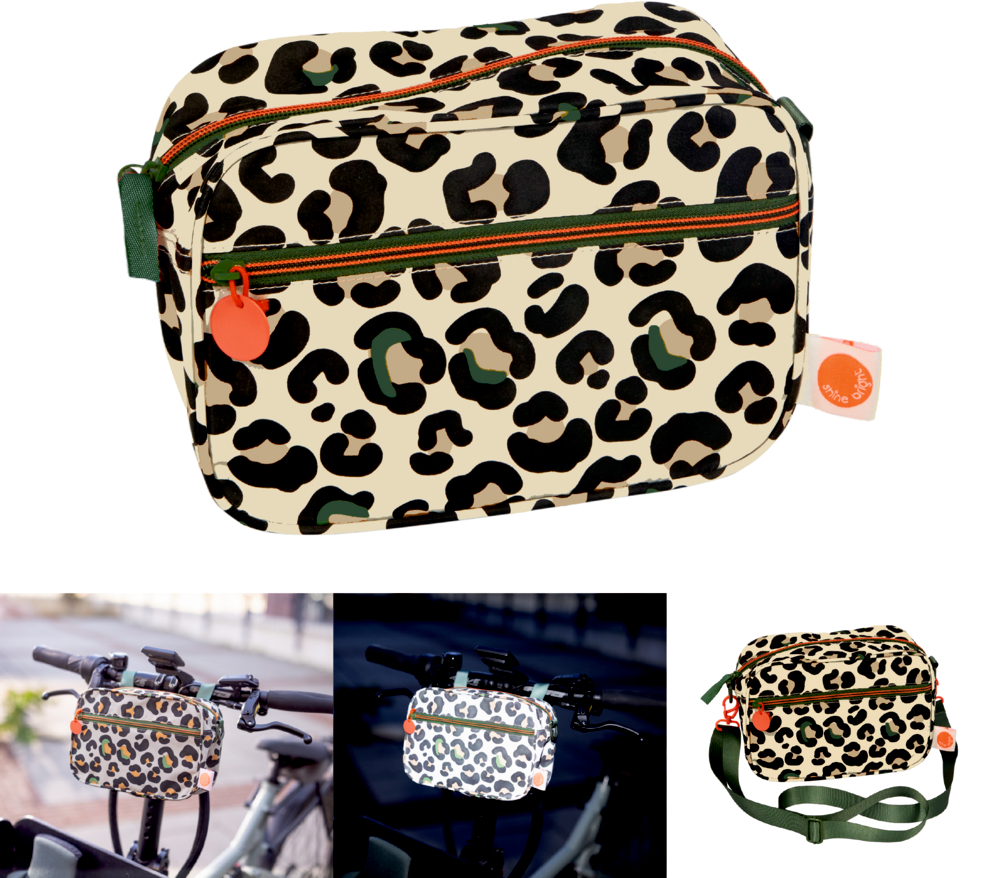 Leopardenmuster-Tasche mit orangefarbenem Reißverschluss, einzeln und am Fahrradlenker gezeigt.