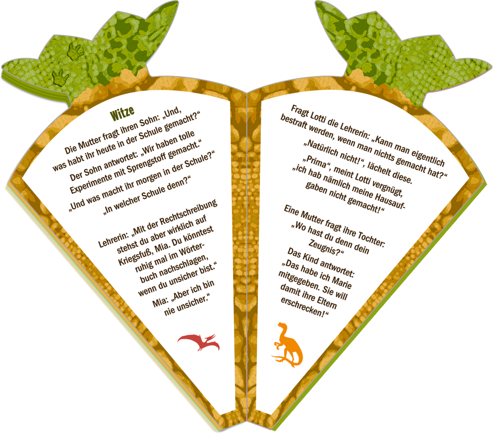 Aufgeschlagenes Notizbuch in Schultütenform mit gold-grüner Verzierung und roten sowie orangen Tiersilhouetten.