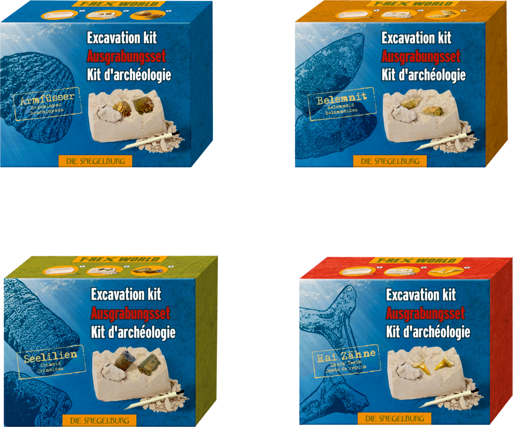 Mini-Ausgrabungsset Fossilien - T-Rex World Vier Ausgrabungssets mit Fossilienbildern und Grabungsblöcken, beschriftet in Deutsch, Französisch und Englisch.