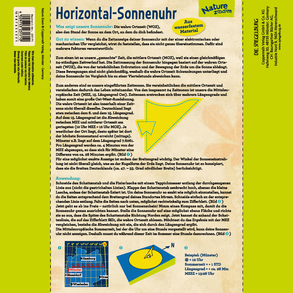 Informationsblatt zu horizontalen Sonnenuhren mit Schaubildern und Text.