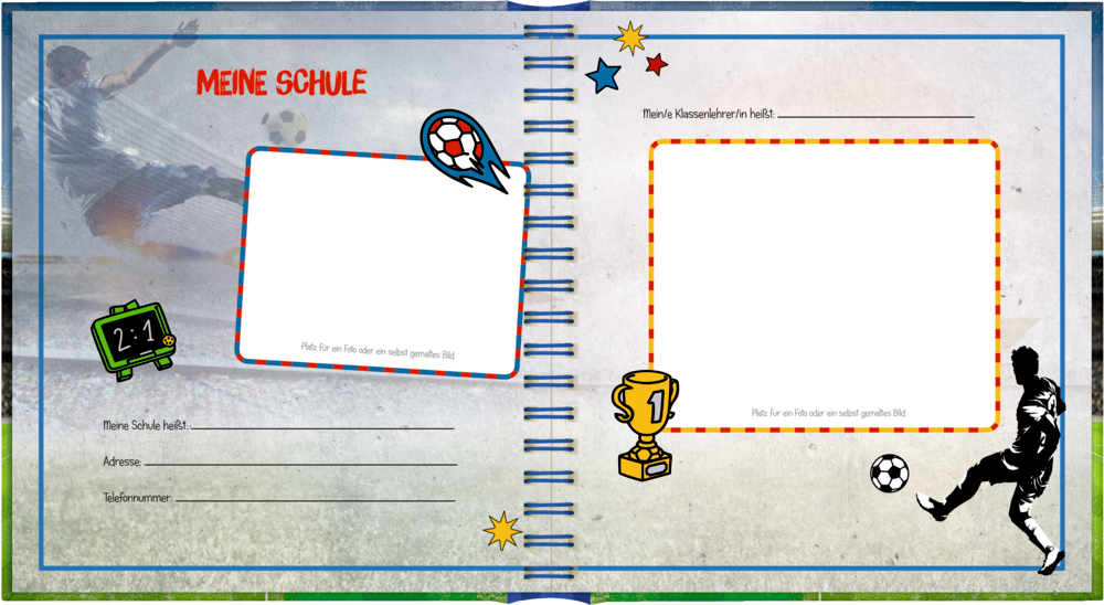 Erinerungsseite zur Schule mit Fußballbildern, Trophäe, Spielstand und Platz zum Eintragen von Schuldetails.