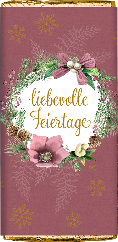 Altrosa Verpackung mit goldenen Schneeflocken, weihnachtlichem Kranz aus Zweigen und Blüten, Text „liebevolle Feiertage“.