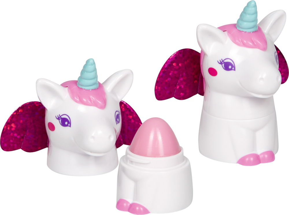 Zwei Lippenbalsame in Einhornform mit rosa Flügeln, einer geöffnet und zeigt den rosa Balsam.