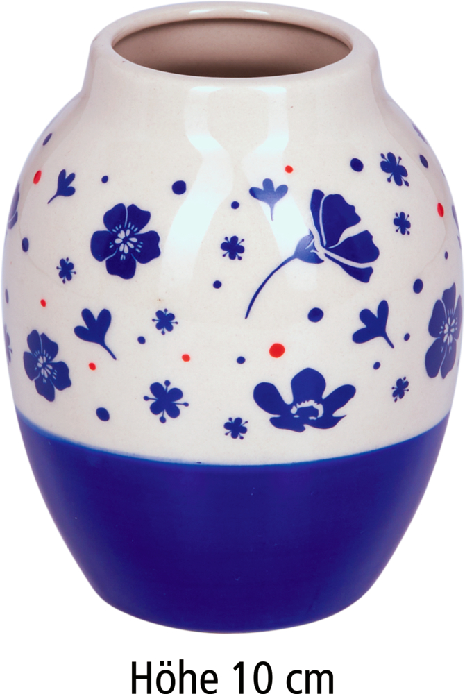 Beige Keramikvase mit blauem Boden und Blumen- sowie rotem Punktmuster, Höhe 10 cm.