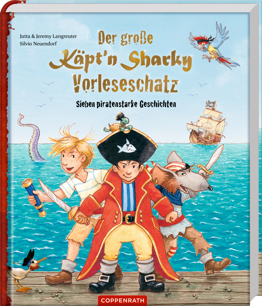 Der große Käpt'n Sharky Vorleseschatz Ein Junge mit Piratenhut führt Kinder und Tiere am Strand, im Hintergrund ein Piratenschiff und Meereswesen, auf em Cover von "Der große Käpt'n Sharky Vorleseschatz".